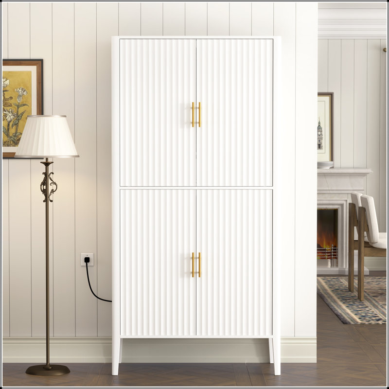 Armoire à vin cannelée avec éclairage à DEL et porte-verres à pied, Blanc
