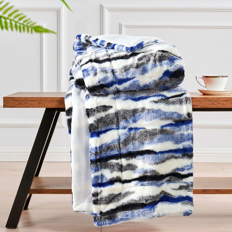 Multi Jacquard Faux Fur Throw Blanket with Smooth Microfiber Reverse, Blue