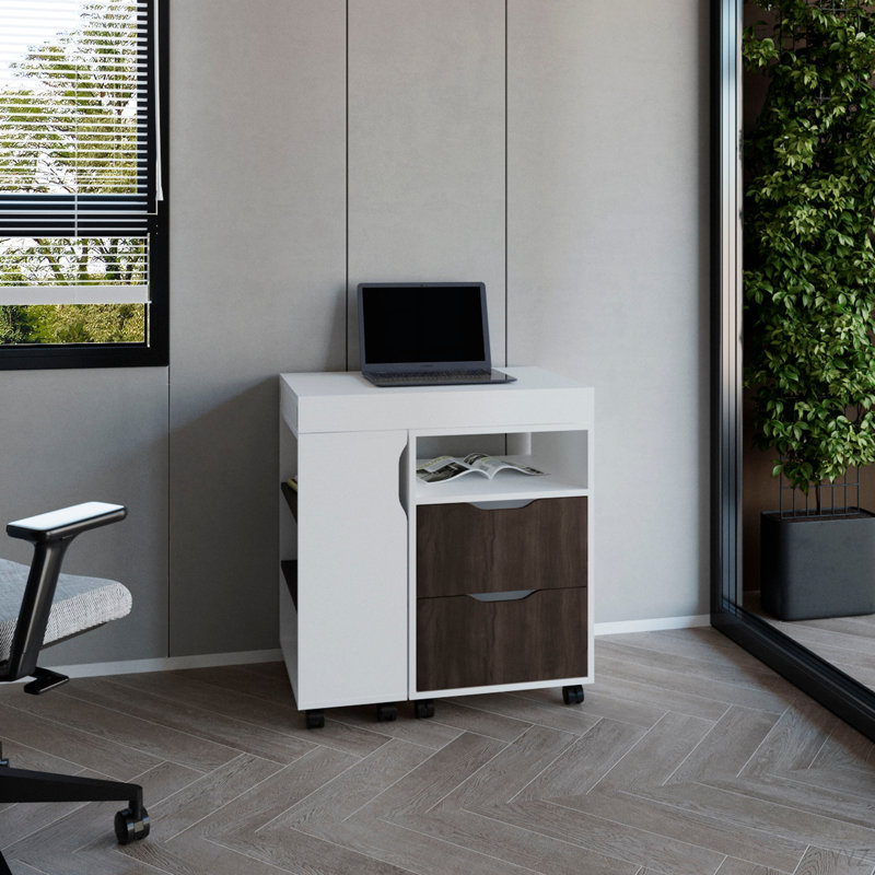 Bureau extensible, 2 tiroirs, 4 tablettes, 4 roulettes