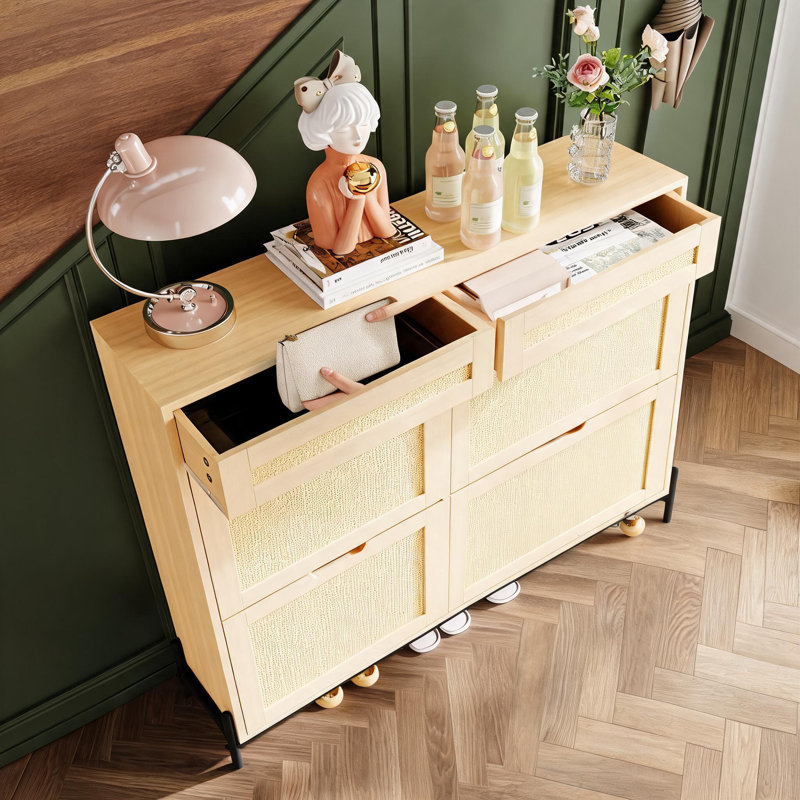 Grande armoire à chaussures en rotin, 4 tiroirs rabattables et 2 rangements, Beige
