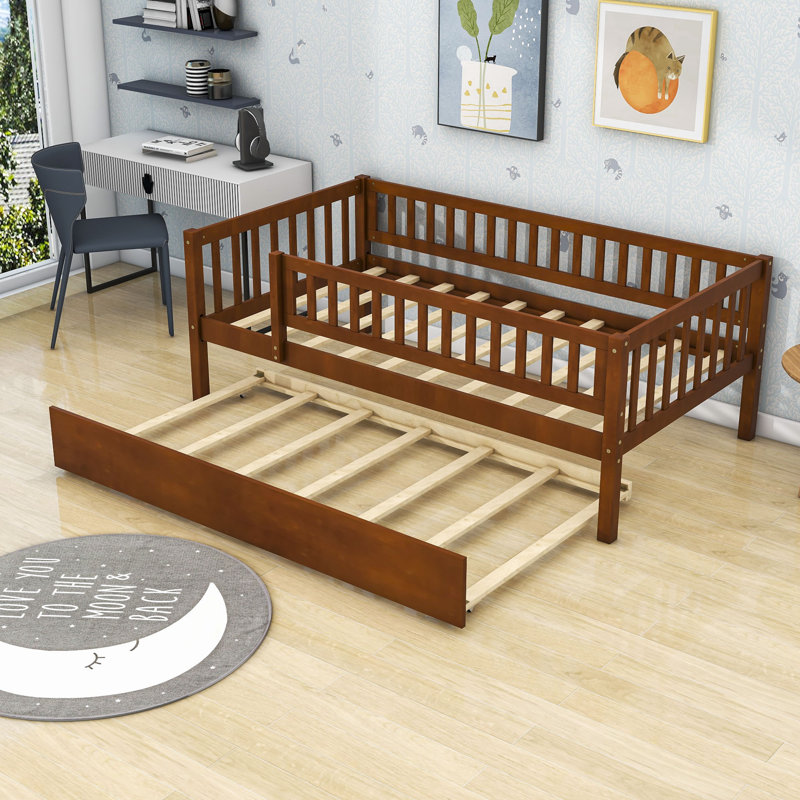  Wooden Daybed with with Trundle and Slats, Twin, Walnut