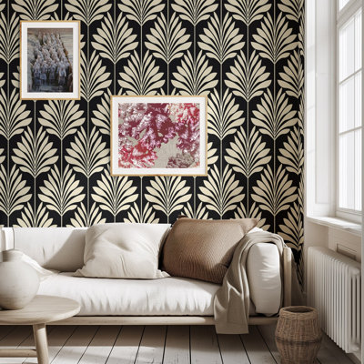 Black Art Deco Palm Leaf Wallpaper