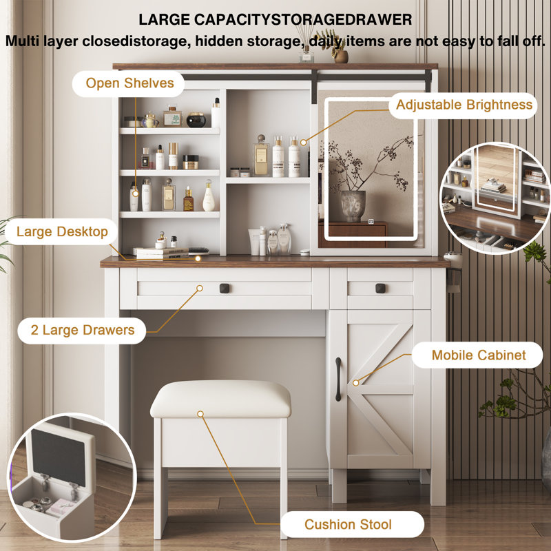 Makeup Vanity Desk Set With Sliding Mirror, Adjustable LED Light, Charging Socket, Multi Storage