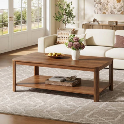 Farmhouse Arc Corner Coffee Tables for Living Room,Square Living Room Tables with Open Storage Shelf,Rustic Brown Center Table