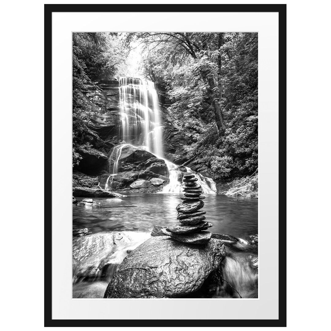 Gerahmtes Poster Zen Steine vor Wasserfall