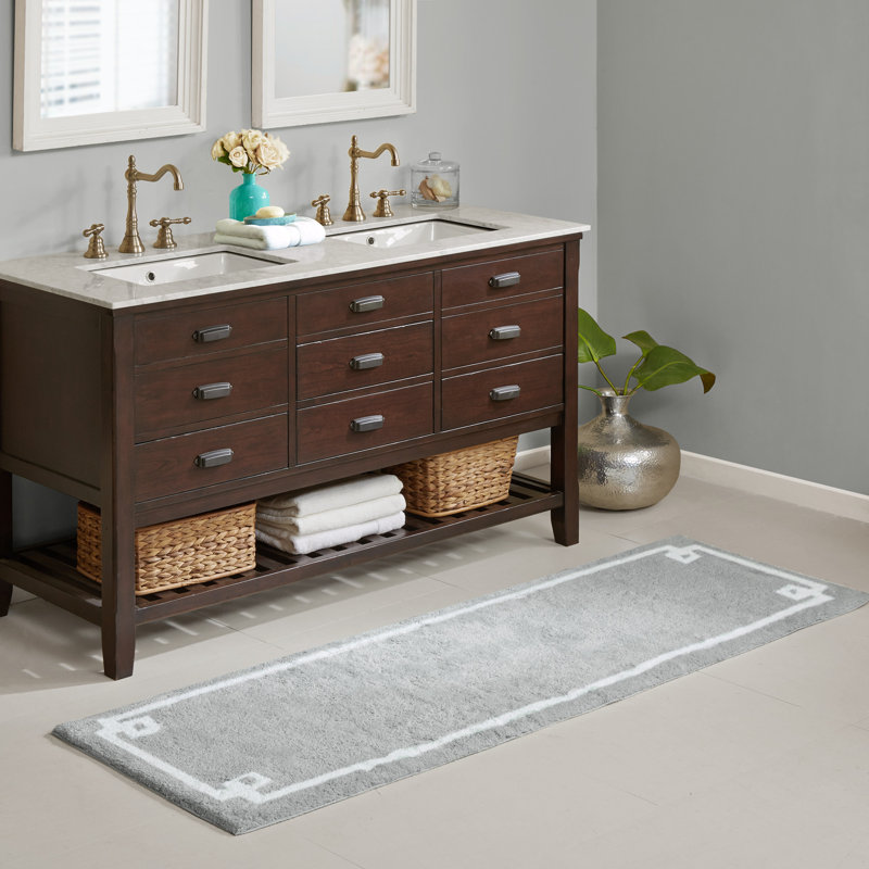 White and Gray Cotton Tufted Bath Rug with Geometric Border