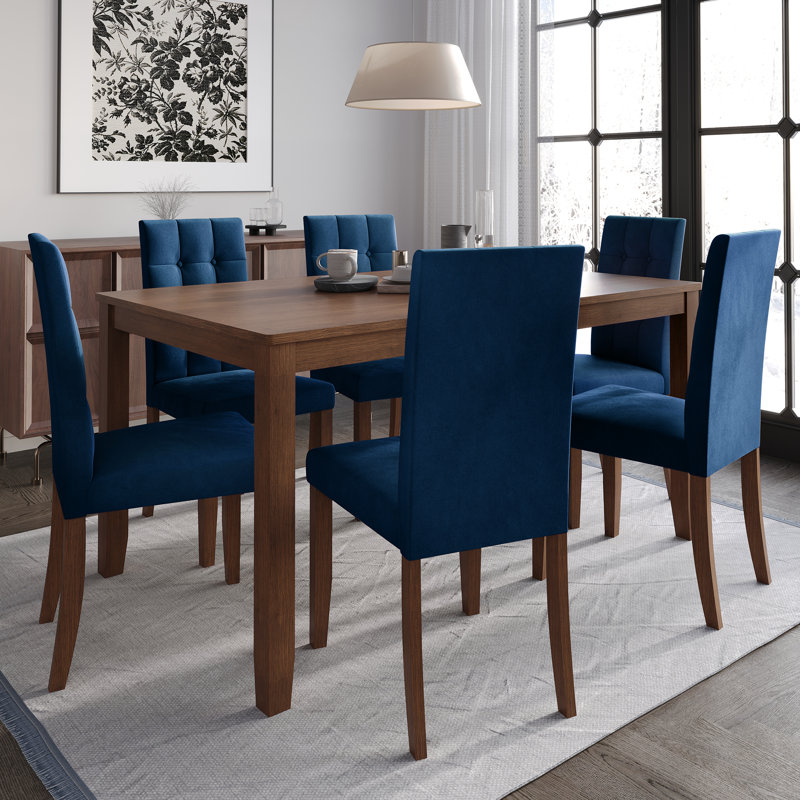 Ensemble de salle à manger avec table de salle à manger de L 59 po et chaise en bois, 7 pièces : table, 6 chaises, Marine