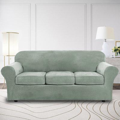 Modern Soft Velvet Plush 4 Piece High Stretch Sofa Slipcover Furniture Protector Luxury Thick Velvet Sofa Cover for 3 Cushion Couch Machine Washable