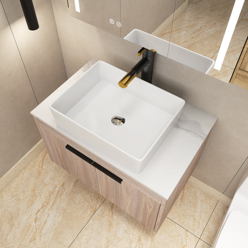Meuble-lavabo simple 30 po avec lavabo en céramique et plateau en pierre blanche Russon