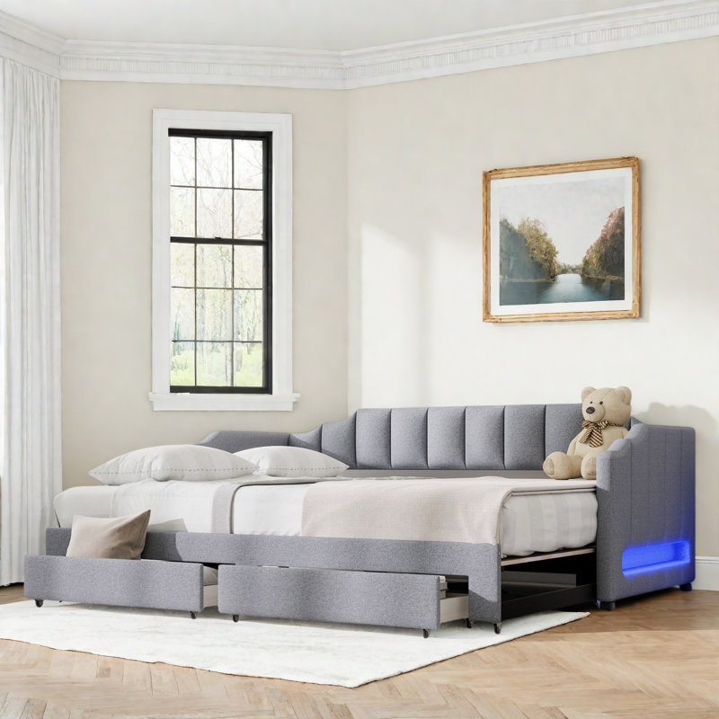 Lit de jour rembourré extensible avec 2 tiroirs de rangement et lumière DEL, Gris