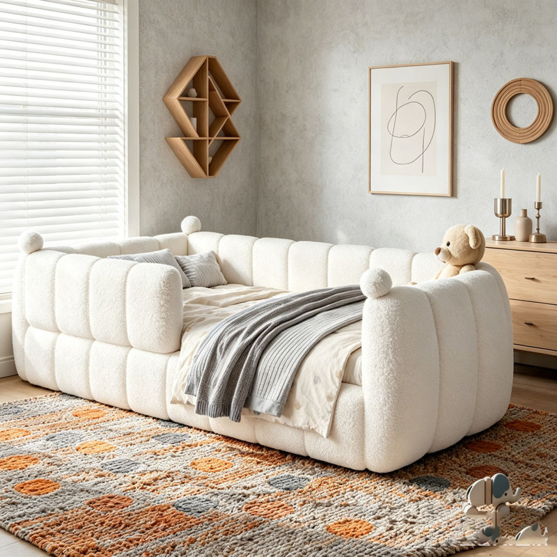 Lit de sol tapissier pour enfants, lit de plancher Montessori avec rails de sécurité, cadre de lit pour enfant, Beige