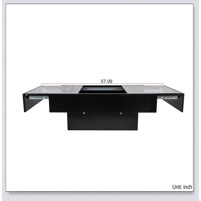 Table basse extensible avec plateau coulissant et rangement dissimulé, parfaite pour les salons modernes et pour recevoir des invités.