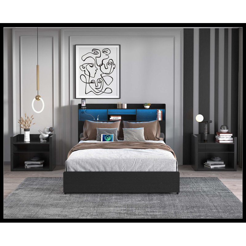Cadre de lit double avec 4 tiroirs de rangement Cadre de lit double avec tête de lit et tablette de rangement, lit de rangement avec DEL et station de charge, pas de bruit, pas de sommier nécessaire, noir