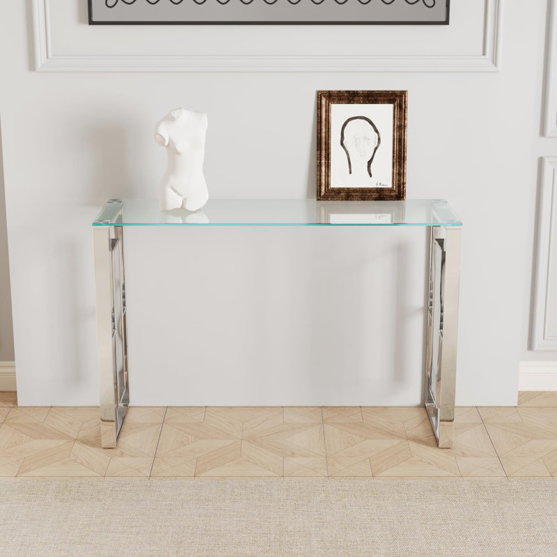 47.2" Glass Top Console Table With Stainless Steel Base, Silver