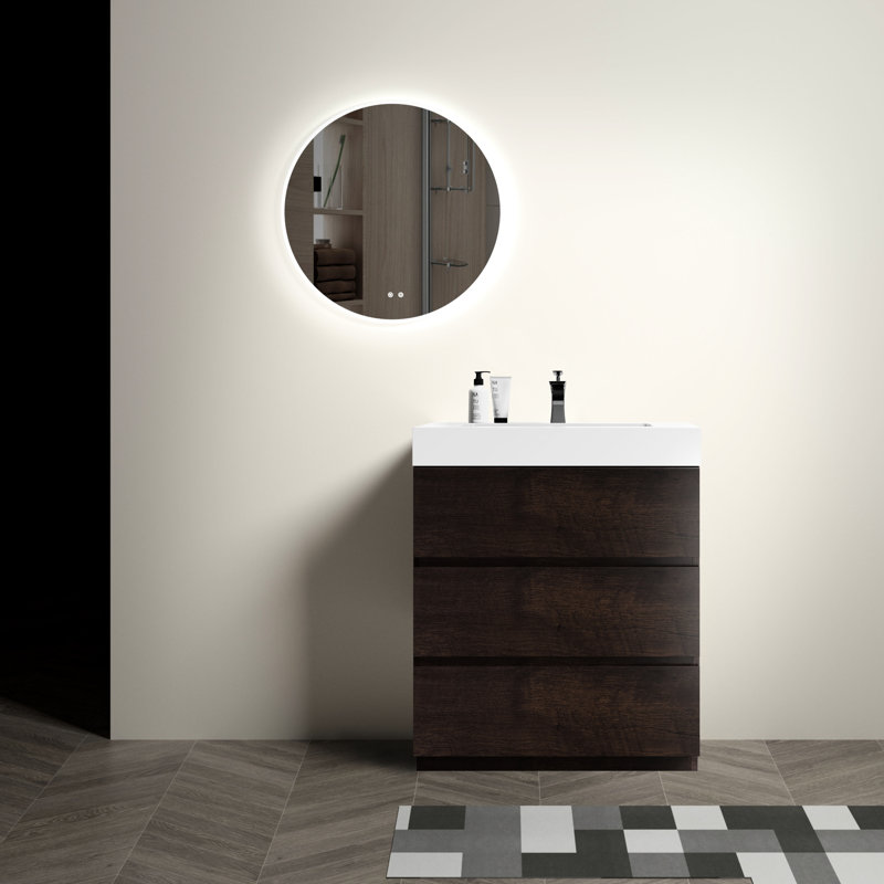 Meuble-lavabo de salle de bain 30 po - noyer, rangement intérieur spacieux, lavabo blanc, système de tiroir noyer, ajout élégant, fonction silencieuse maximale