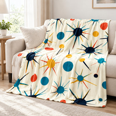 Jeté en flanelle rétro Starburst - Design moderne Mid-Century, couleurs vibrantes, ultra doux, léger, respirant, toutes saisons, doux pour la peau, lavable à la machine, décoratif, pour canapé, canapé, salon et chambre à coucher