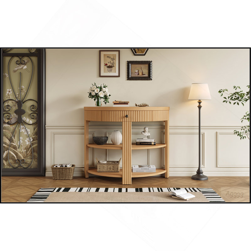 Console demi-lune cannelée TREXM avec tiroir et 2 tablettes pour entrée, salon et couloir (naturel), Naturel