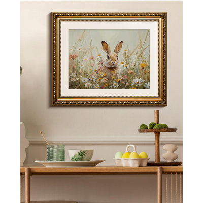 Vintage Bunny in Flowers 13x16 Golden Framed Canvas Wall Art, Cute Rabbit Wildflower Meadow Print, Rustic Neutral Nature Oil Painting, Nursery Kids Room Cottagecore Farmhouse Animal Wall Décor