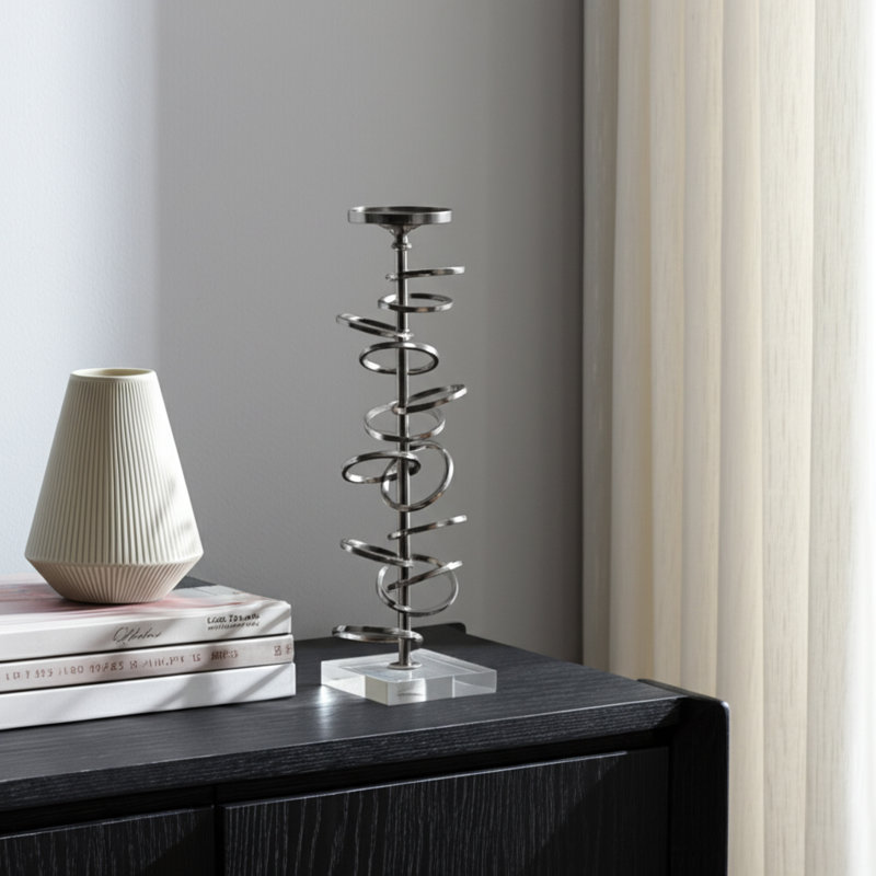 Modern Metal Aluminum Spiral Ring Pillar or Taper Candle Holder with Clear Square Base - Contemporary Sculptural Design Accent Decor for Stylish Tabletop or Shelf Display