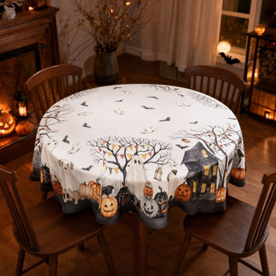 Nappe ronde d'Halloween imperméable Spooky Ghost Pumpkin House Housse de table décorative Nappe ondulée pour Halloween