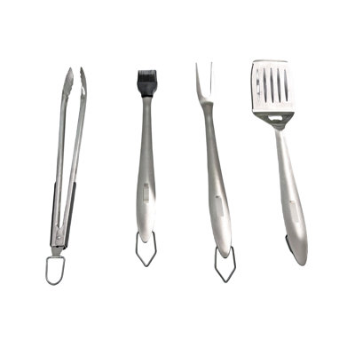 Accessoires de barbecue en acier inoxydable : spatule avec ouvre-bouteille, brosse, pinces. Outil robuste idéal pour les maris passionnés de grillades, parfait pour griller poulet et hamburgers.