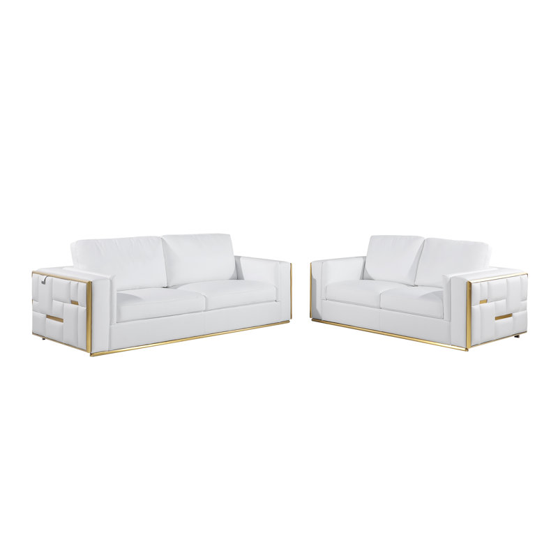 Ensemble de salon 2 pièces en cuir fleur italien, Cuir véritable blanc
