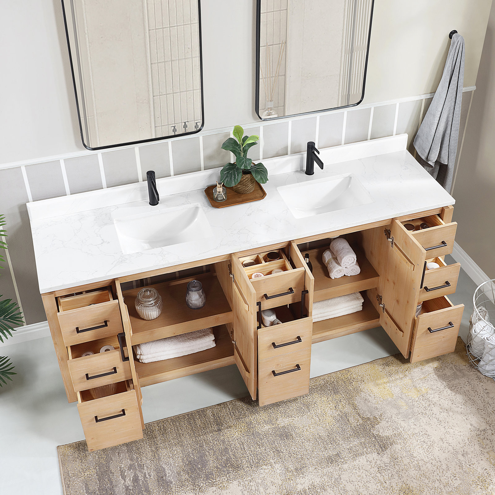 Cloverfield 84'' Double Bathroom Vanity, Fir Wood Brown, Matte Black