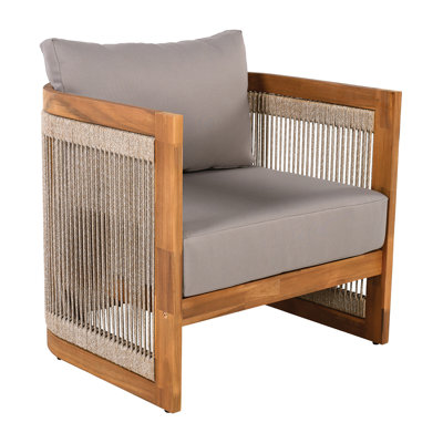 Premium Acacia Wood Outdoor Club Chair, Curved Tub Design With Woven Rope Accents, Water-Resistant Cushions, All-Weather Slat Construction