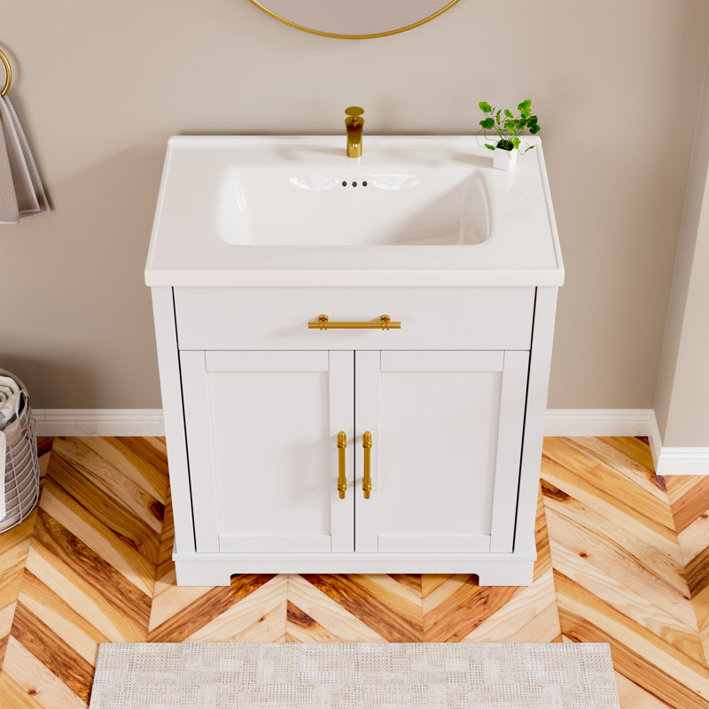 Meuble-lavabo simple 30 po avec comptoir en résine et lavabo sur pied, Blanc