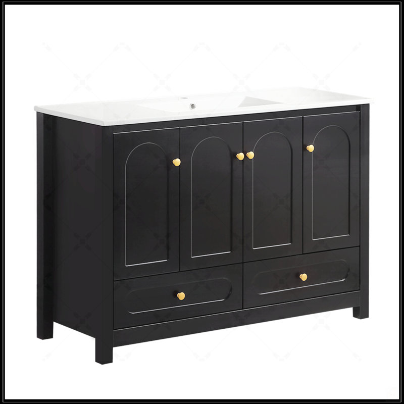 Meuble-lavabo noir de 48 po de largeur avec rangement spacieux, 4 portes coulissantes et 2 tiroirs pour un design élégant et fonctionnel