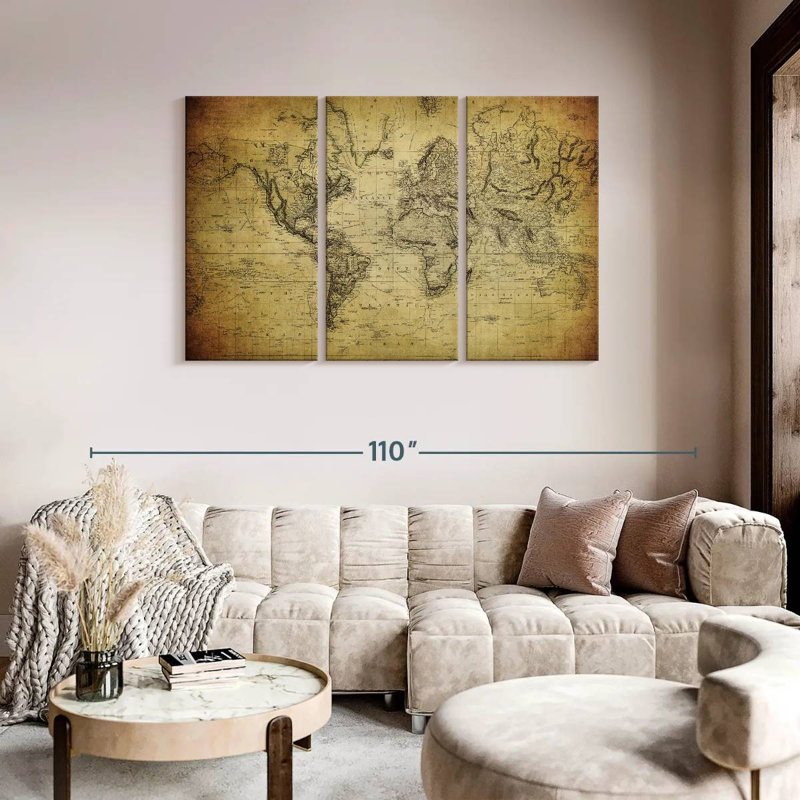 Carte du monde Aliaz sépia, H 48 po x l 74 po