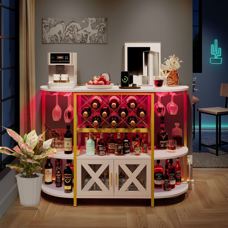 Amata 47'' Bar Table Cabinet with LED Lights and Power Outlets, Wine Cabinet with Glass Holder and Wine Rack Storage