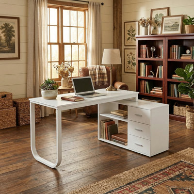 Bureau multifonctionnel réversible avec tiroirs de rangement et tablettes ouvertes Fort Myers