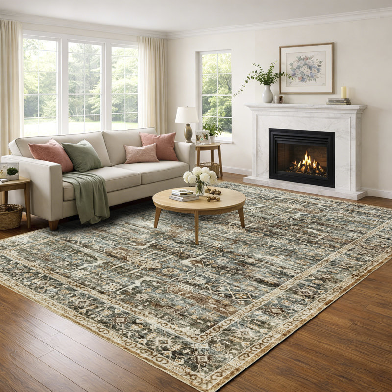 Machine Washable Vintage Oriental Area Rug Non-Slip Backing Brown/Gray/Beige Indoor Carpet for Living Room, Bedroom, Hallway Runner