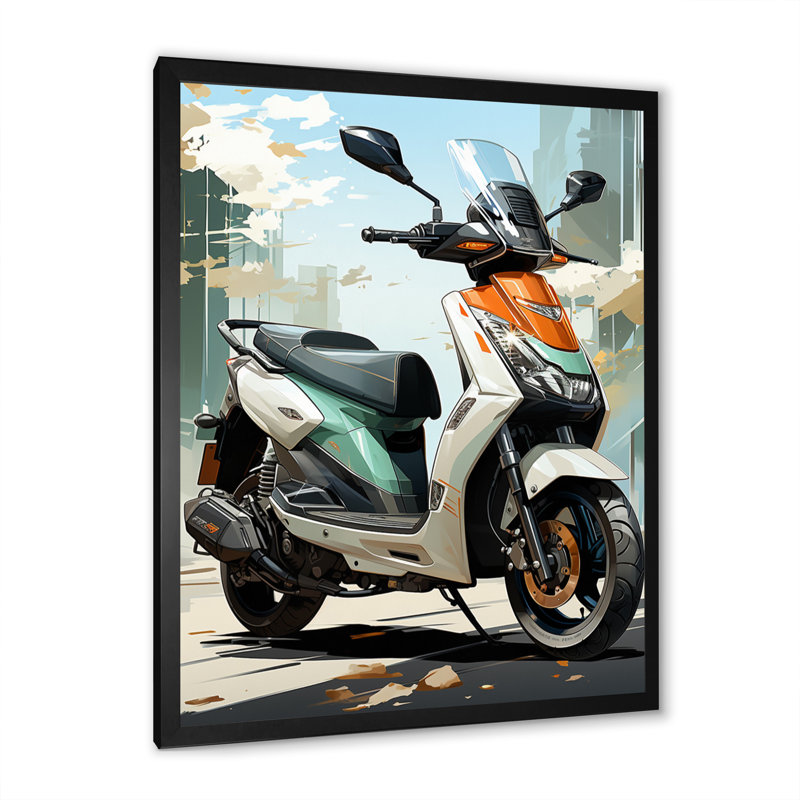 Scooter de ville blanc avec corail - impression d'art mural, Cadre photo noir, H 44 po x l 34 po x P 1,5 po