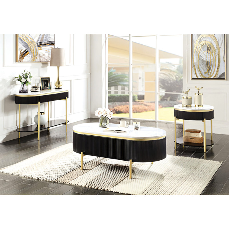 Table basse glamour: faux marbre, structure en métal et rangement moderne, acier doré, Noir / noyer foncé