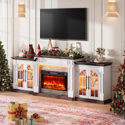 104"W Modern Farmhouse Fireplace TV Stand for TVs up to 110" with 30" Electric Fireplace, Charging Station & LED Light, Storage Cabinets with Adjustable Shelves, for Living Room, White-Brown