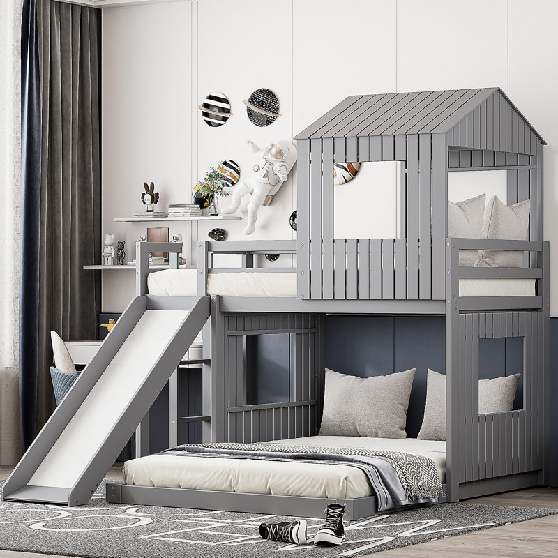 Lit superposé en bois, lit mezzanine avec maisonnette, maison de campagne, échelle, glissade et garde-corps, Gris