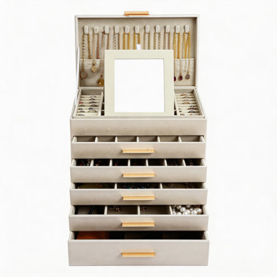 Large Jewelry Organizer With Glass Lid For Necklaces, Bracelets, Earrings, And Rings   (Champagne)
