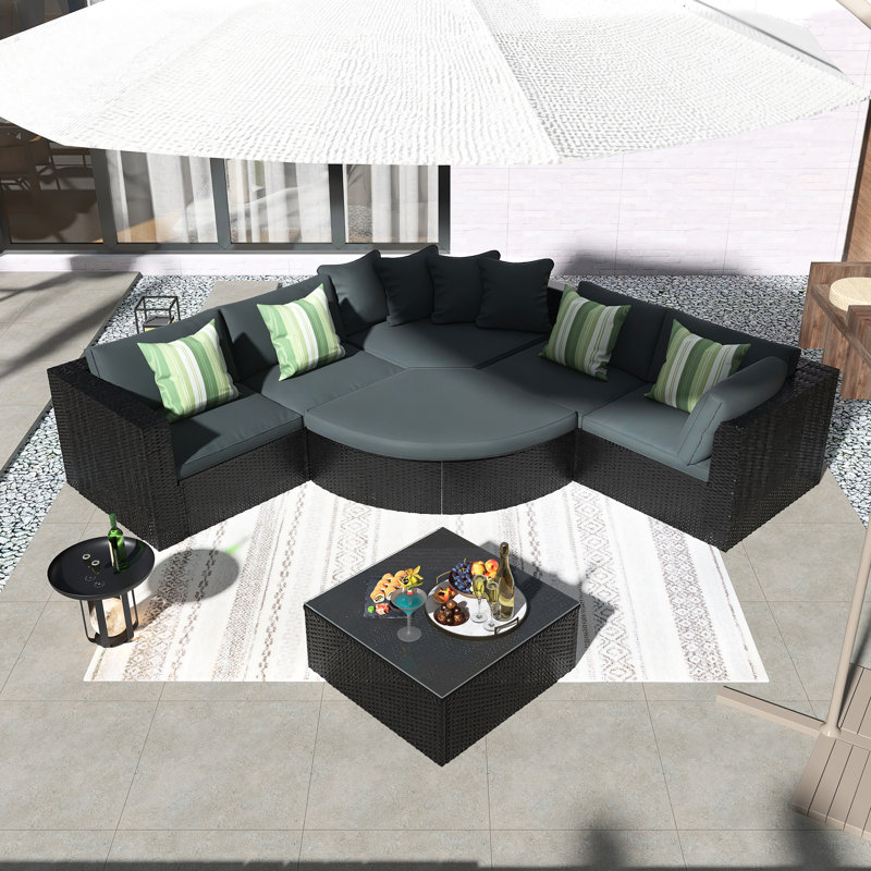 7-Piece Outdoor Wicker Sofa Set, Rattan Sofa Lounger,Removable Tempered Glass Top For The Coffee Table, With Striped Green Pillows, Adjustable Feet,Modular Design,Conversation Sofa, For Patio, Garden, Deck,  Black Wicker