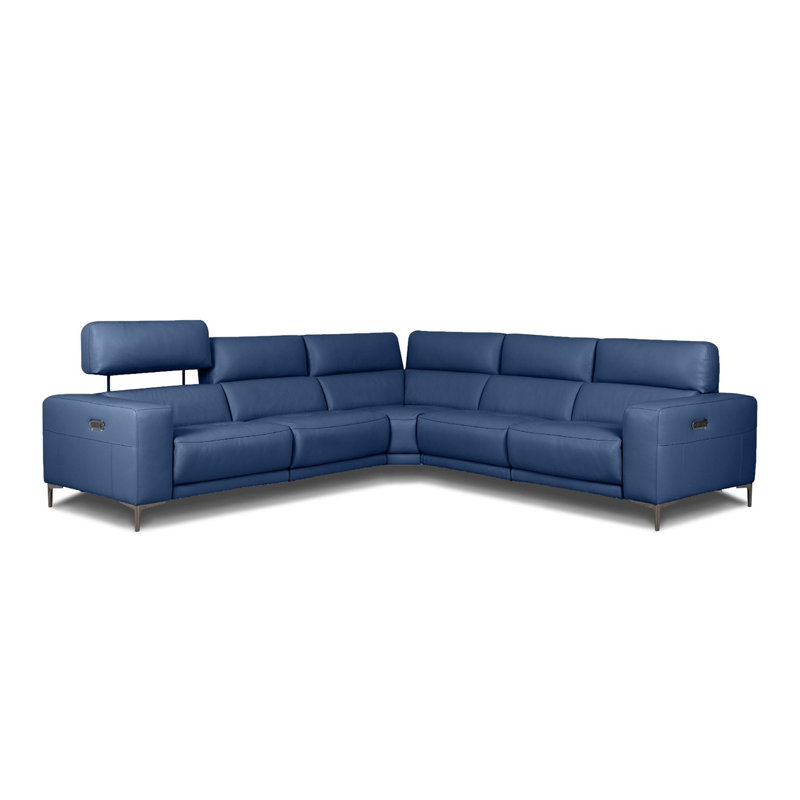 Upholstered Power Reclining Curved Sectional Symmetrical, Blue Genuine Leather