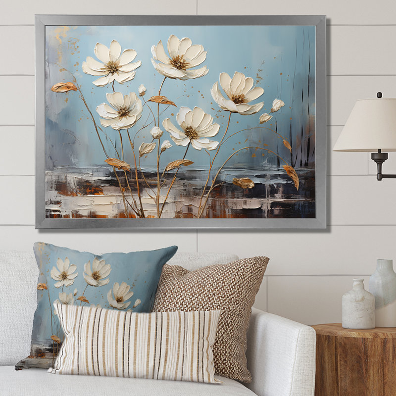 Marguerite blanche sur fond blanc, H 30 po x l 40 po x P 1,5 po, Cadre simple argenté
