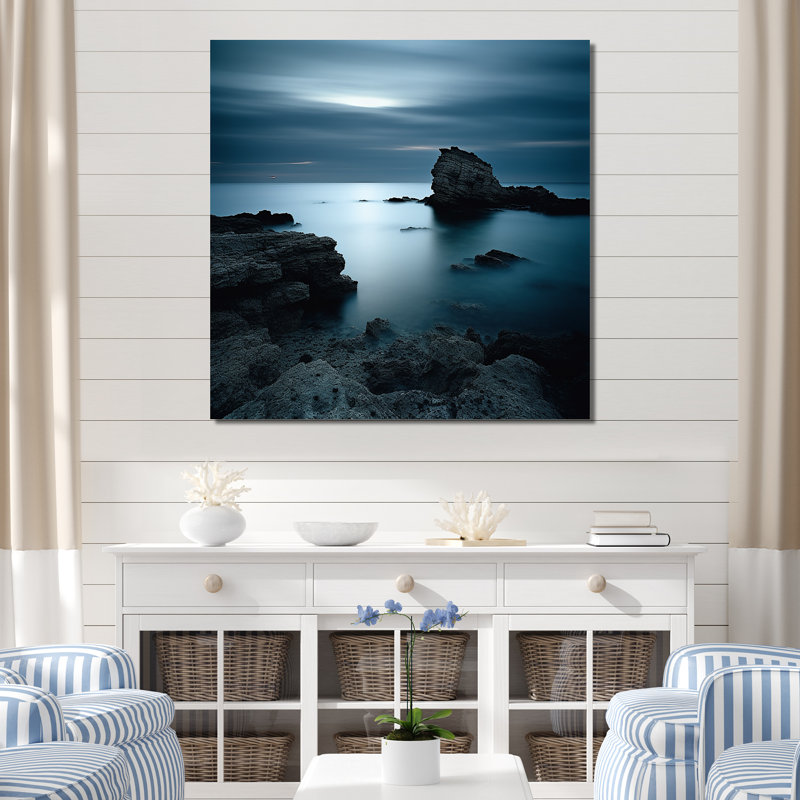 «Black and Blue Rocky Beach Horizon», reproduction d'art mural plage et océan, Toile tendue, H 36 po x l 36 po x P 1,5 po