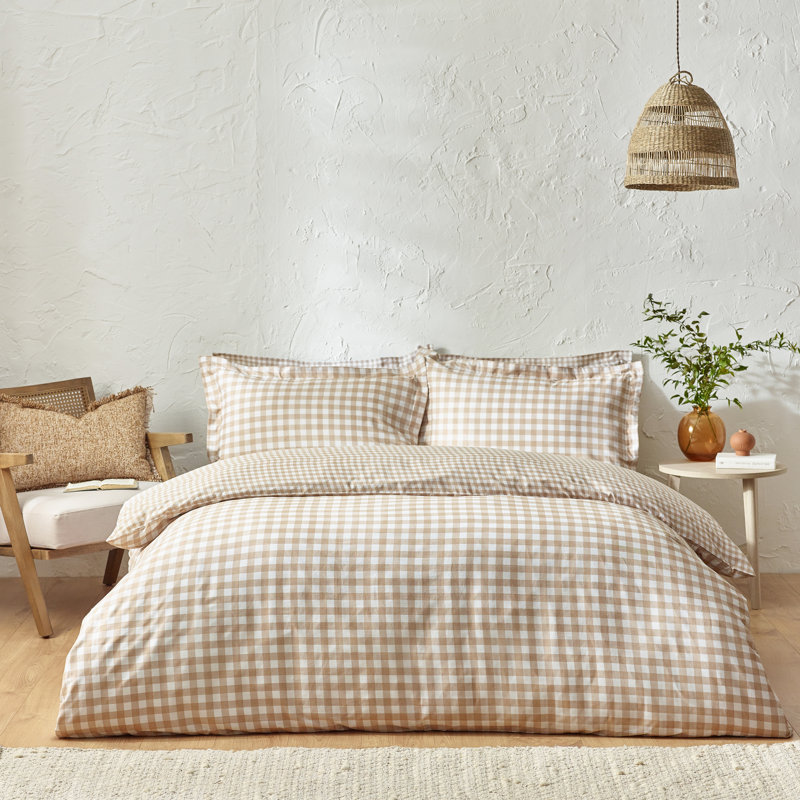Barton Gingham Check Duvet Cover Set, Beige/White, Double Duvet Cover + 2 Standard Pillowcases
