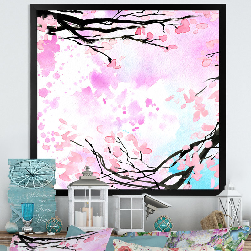 Branche de cerisier rose, Impression noire sur toile encadrée, H 16 po x l 16 po x P 1 po