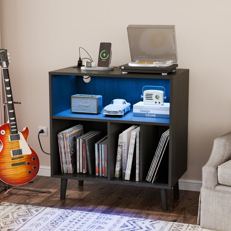 Mathea Record Player Stand with Open Storage with LED Light up to 300 Albums, Black