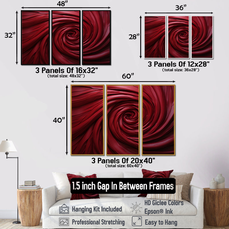 «Red Winding Wonder», ensemble d'art sur toile à spirales abstraites, H 40 po x l 60 po x P 1 po, Cadre flottant brun