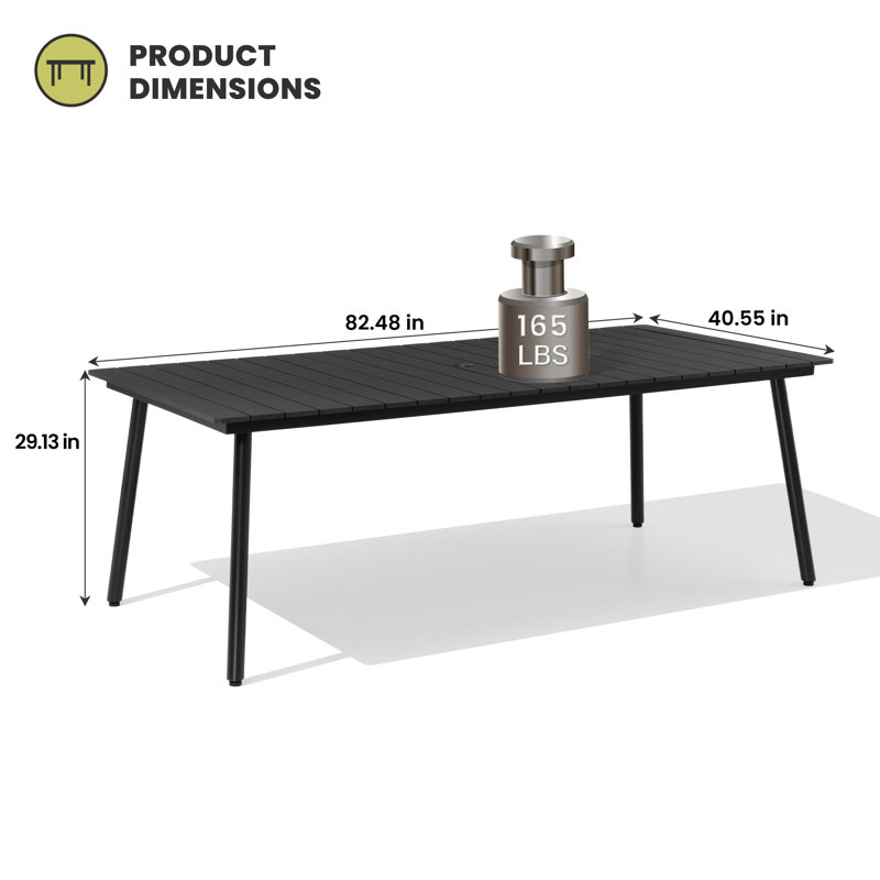 Table de salle à manger de patio avec trou pour parasol et structure en aluminium, H 29,13 po x L 82,48 po x l 40,55 po, Noir