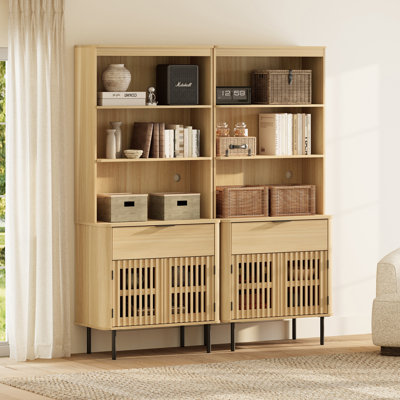73" H x 63" W Mid-Century Modern Wood Bookcase with 2 drawer, 4 Doors, 5-Tier Tall Bookshelf for Living Room, Bedroom, Dinning Room