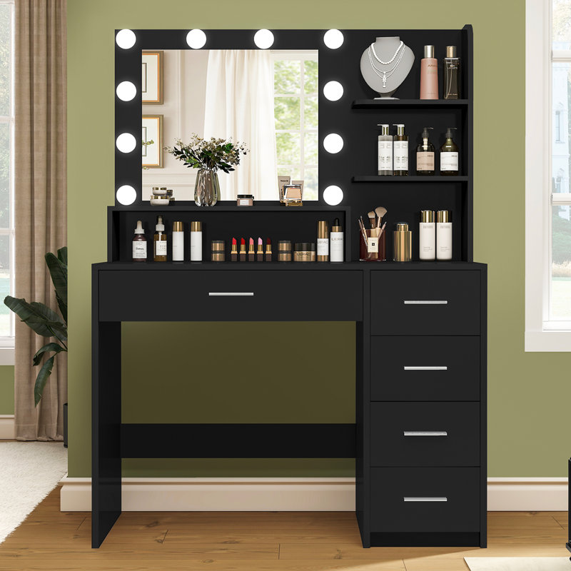 Bureau de meuble-lavabo avec miroir et lumières, meuble-lavabo de maquillage avec 5 tiroirs et 3 tablettes de rangement, 3 modes de couleurs et une coiffeuse à luminosité réglable, bureau de coiffeuse pour la chambre à coucher